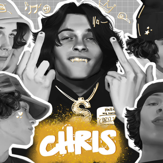 A collection of five portraits of popular Youtuber Chris Sturniolo. Each photo is digitally painted in grayscale and features a different pose: Chris at a 3/4 angle and looking to the right (top left), Chris looking up (top right), Chris looking right (bottom left), Chris looking down at the camera (bottom right), and Chris grinning smugly and posing two middle fingers at the camera (center).