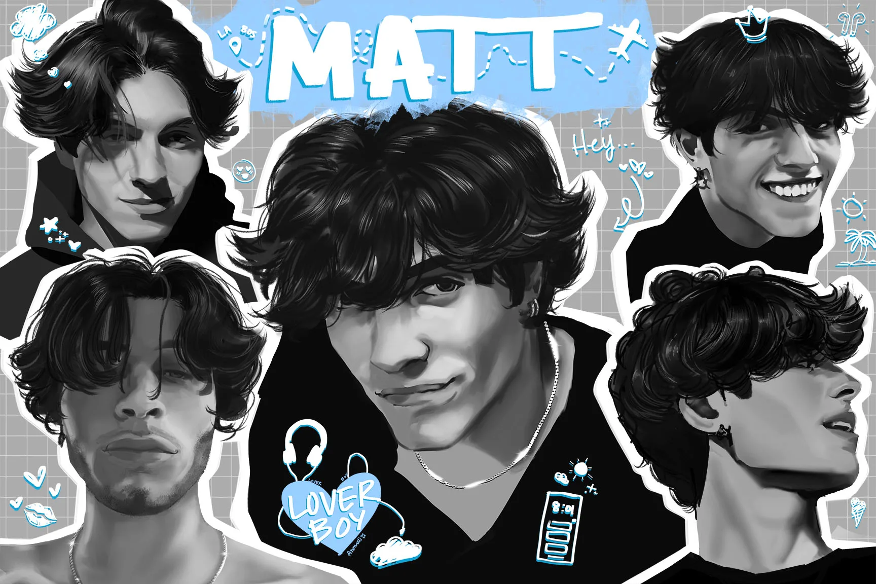 A collection of five portraits of popular Youtuber Matt Sturniolo. Each photo is digitally painted in grayscale and features a different pose: Matt looking at the camera (top left), Matt grinning at the camera (top right), Matt looking at a slight downward angle toward the camera (bottom left), Matt looking up and to the right (bottom right), and Matt smiling at the camera (center).