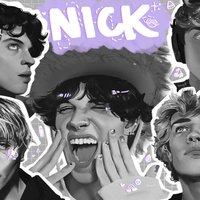 A collection of five portraits of popular Youtuber Nick Sturniolo. Each photo is digitally painted in grayscale and features a different pose: Nick looking up (top left), Nick looking to the right (top right), Nick looking forward (bottom left), Nick looking up and to the left (bottom right), and Nick grinning and winking at the camera (center).