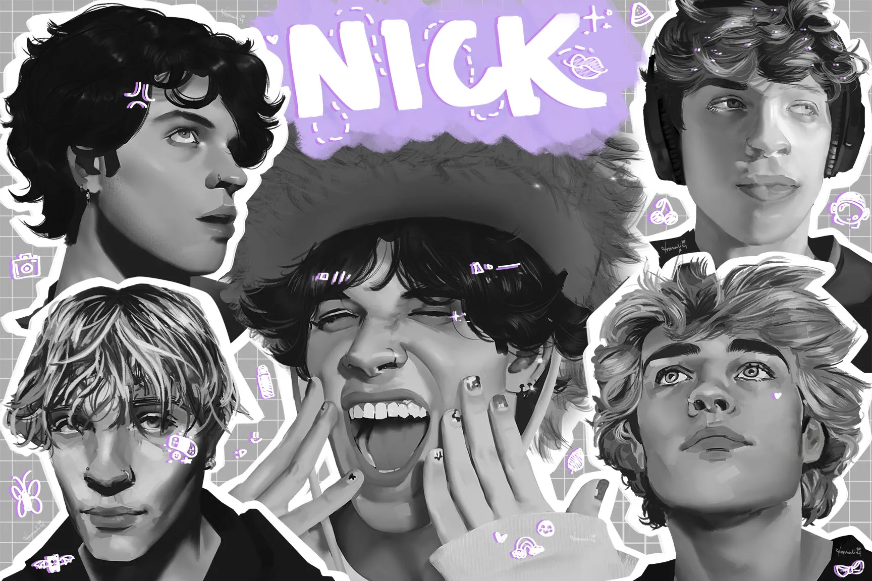 A collection of five portraits of popular Youtuber Nick Sturniolo. Each photo is digitally painted in grayscale and features a different pose: Nick looking up (top left), Nick looking to the right (top right), Nick looking forward (bottom left), Nick looking up and to the left (bottom right), and Nick grinning and winking at the camera (center).